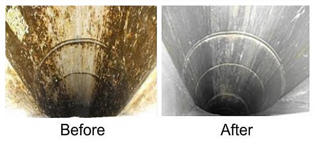 A side-by-side comparison shows before and after trash chute cleaning